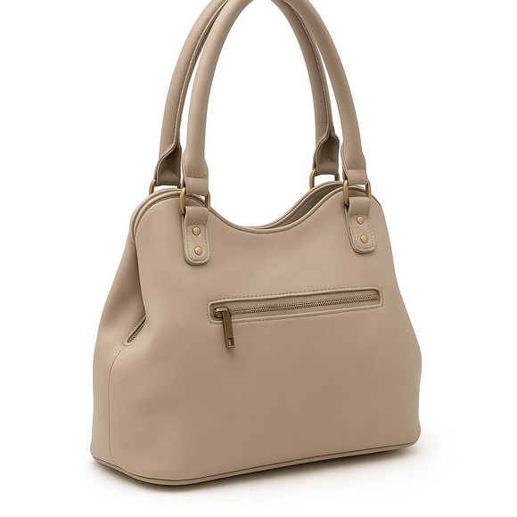 Taupe Vegan Leather Shoulder Bag Minimalist Work Satchel Tote Organizer Purse - Picture 4 of 6